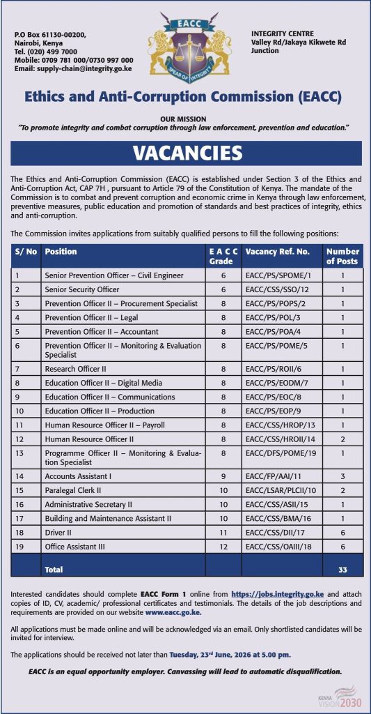EACC opens applications for 33 vacancies in nationwide recruitment drive